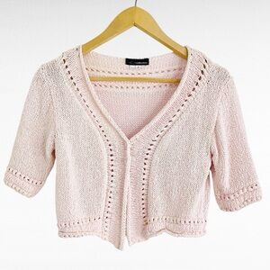 DaLYA Collection | Light Pink V-Neck Cropped Boho Eyelet Knit Cardigan Sweater